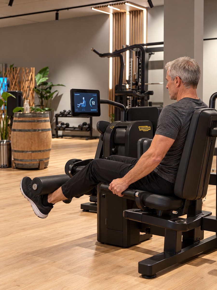 Fiktiver Kunde zwischen 50 und 60 Jahren beim Krafttraining am Technogym Gerät