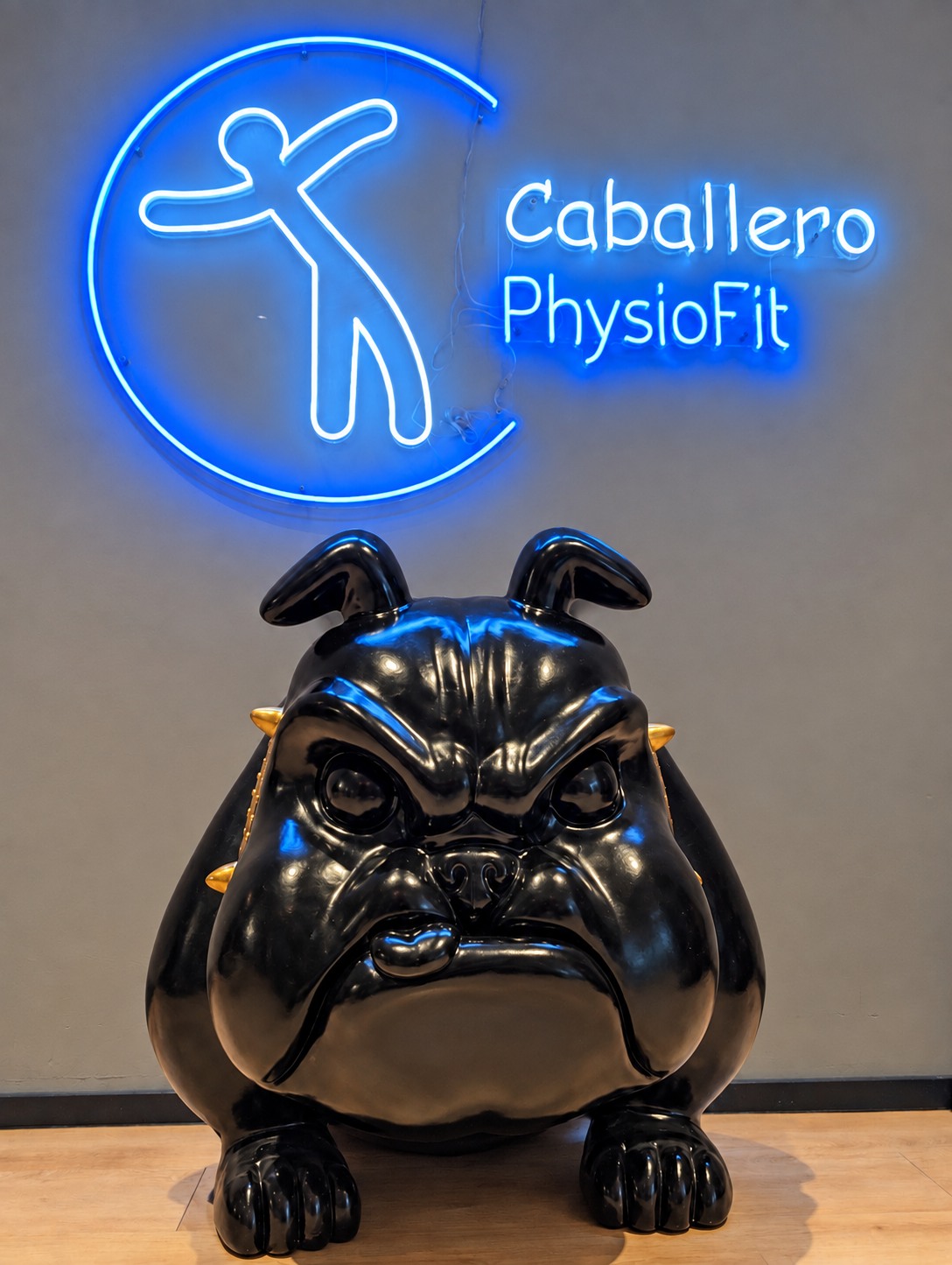 Maskottchen Wilma unter dem leuchtenden Caballero-Logo